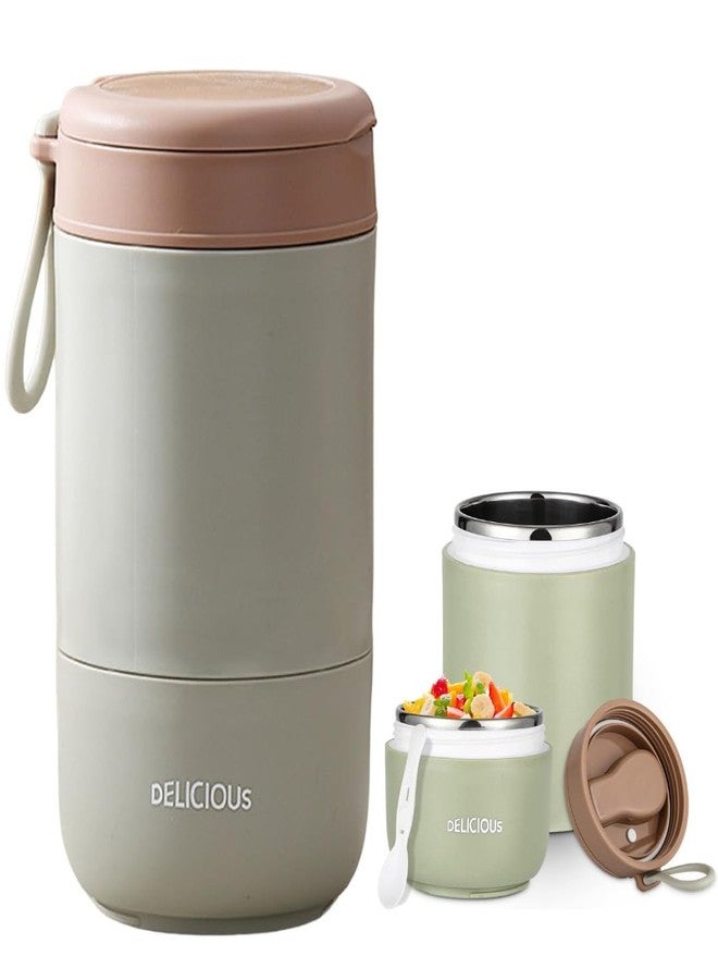 KitchEase 730ml Stainless Steel Lunch Pot - Leakproof Meal Jar with Foldable Spoon, Ideal Tiffin Box for Meals, Lunch, Office, School, College - Fern Green - Image 1